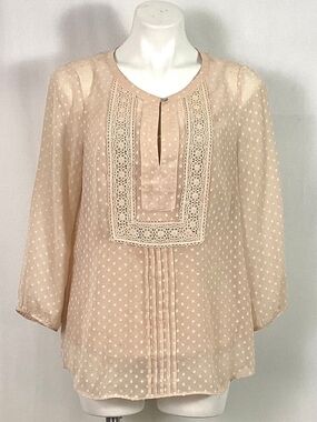 Daniel Rainn Peach Swiss Dot Lace Inset Boho Blouse Sz S Coquette Romantic